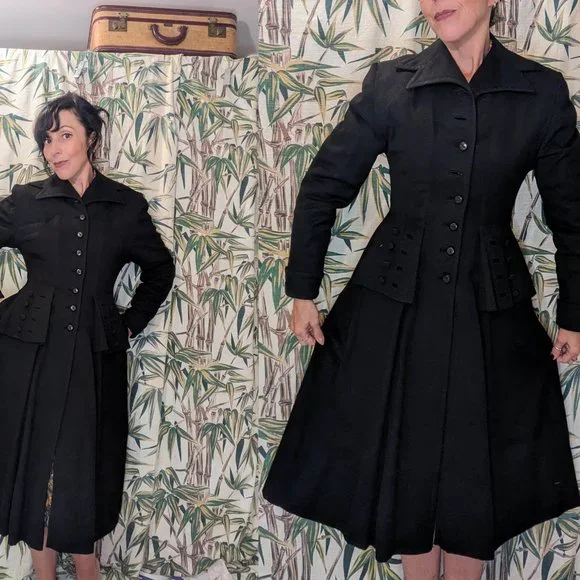 40s GOTH Black Wool Princess Coat sz XS Jaunty Juniors Mint Cond Warm & Elegant!